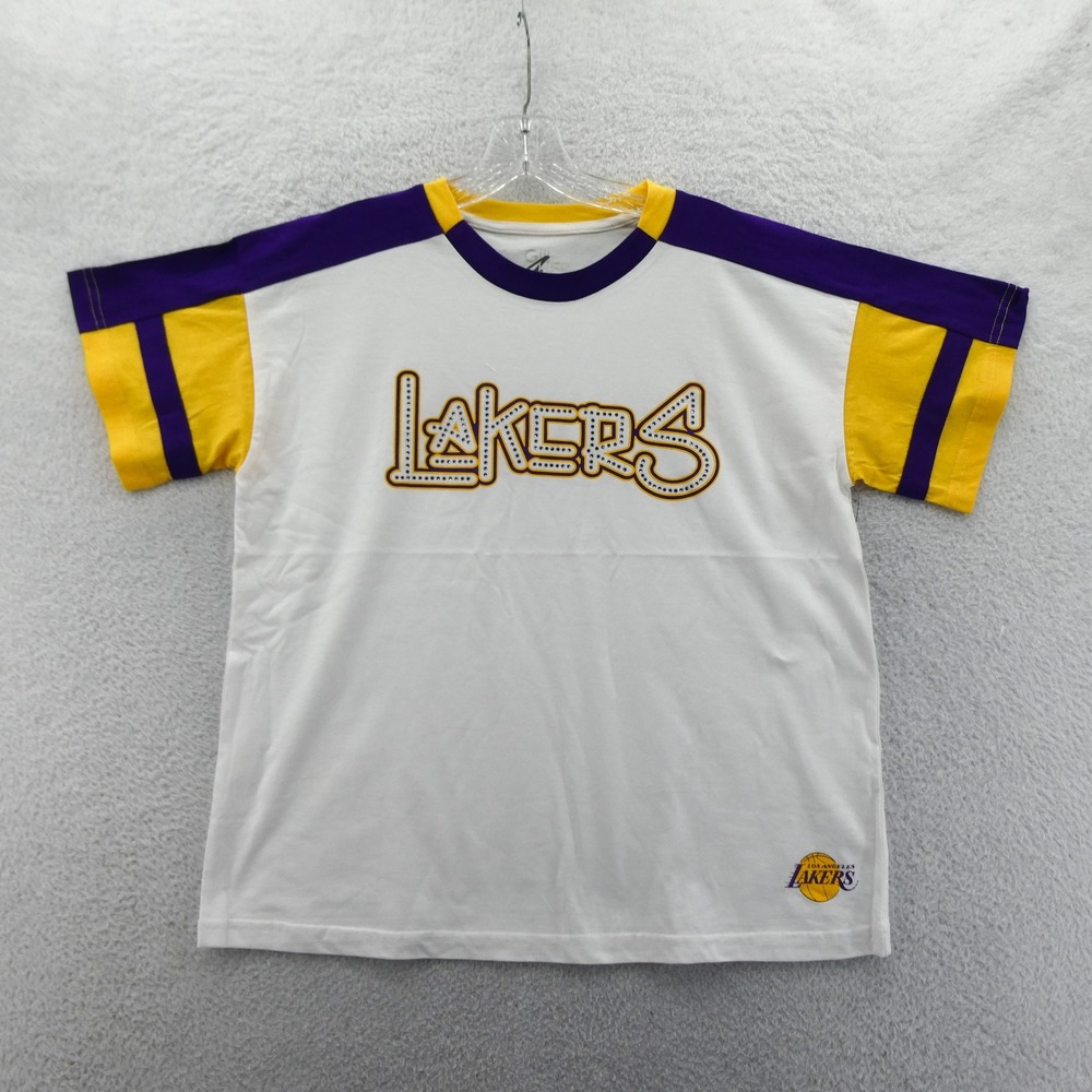 GIII 4Her Shirt Women Medium Los Angeles Lakers White Purple Gold Rhinestone NBA